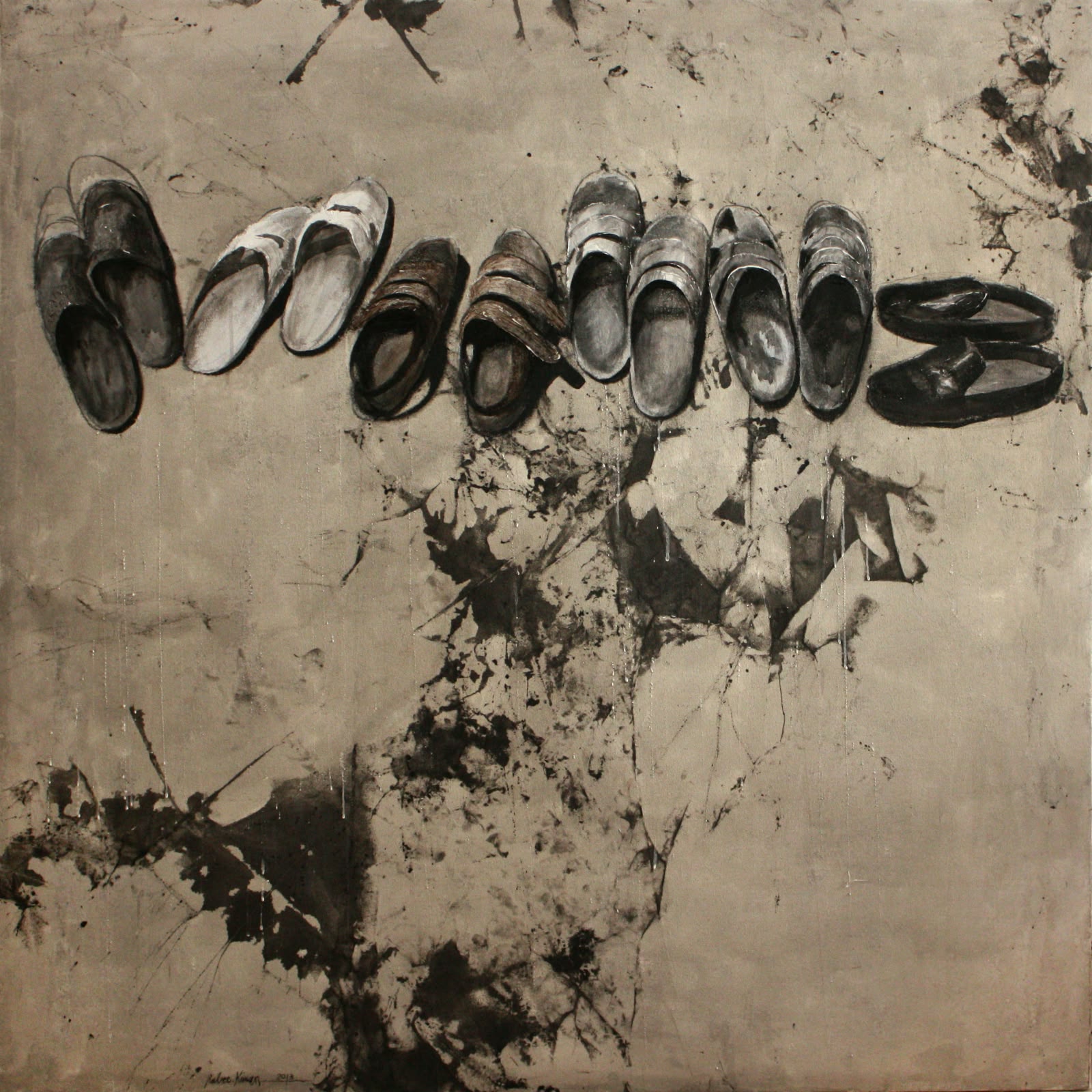Painting by Rabee Kiwan of a row of worn shoes above dark ink stains, signed 2013
