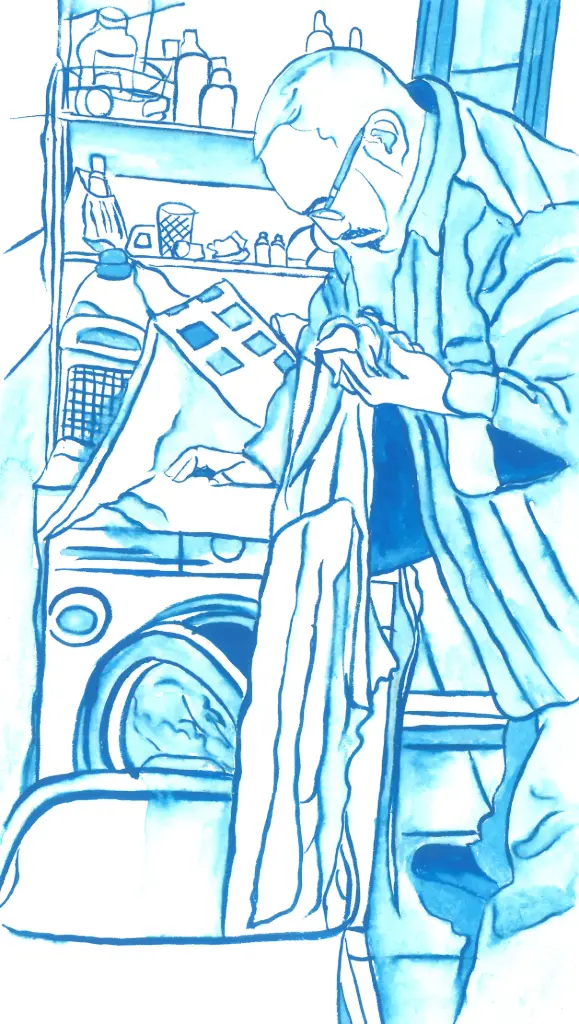 Cloth monster in blue - monochrome, watercolor on paper, 20.5 x 12 cm, 2024